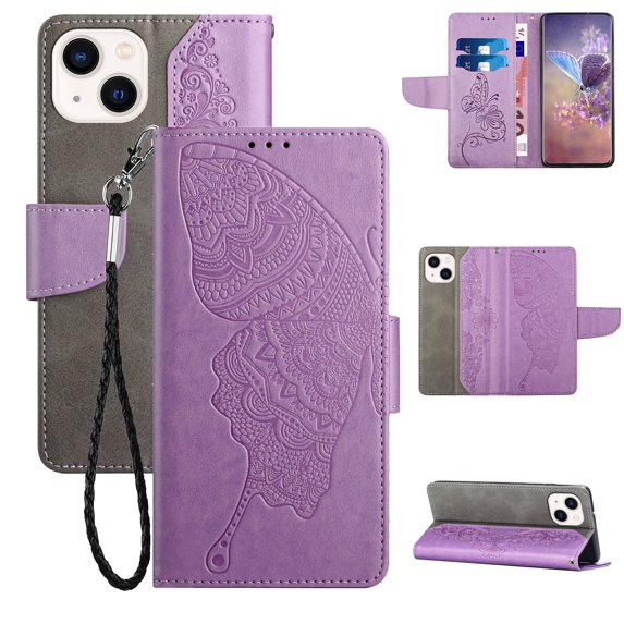 Nalacover Wallet Case for iPhone 14 Plus, Butterfly Embossed Pattern Luxury PU Leather Magnetic Flip Folio Cover with Card Slots Holder Kickstand Wrist Strap Soft Silicone Shockproof Case,Purple
