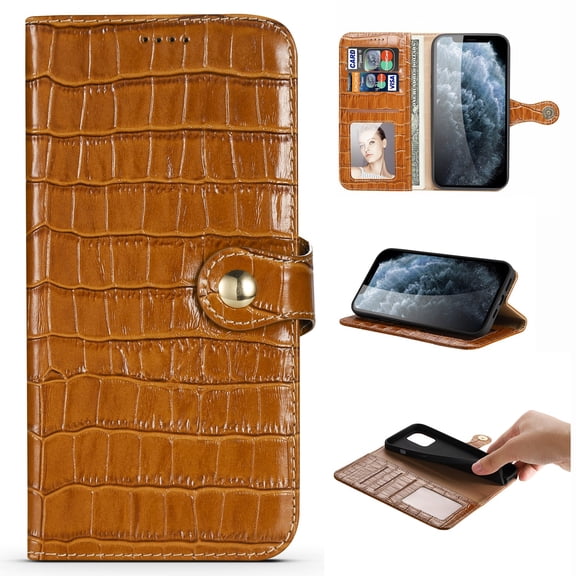 Nalacover Wallet Case for iPhone 14 Plus, Crocodile Texture Premium Luxury Genuine Leather Card Slots Holder Flip Folio Cover with Kickstand Magnetic Clasp Soft Silicone Shockproof Case,Brown