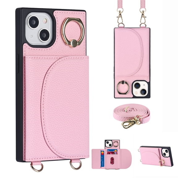 Nalacover Wallet Case for iPhone 14 Plus, Detachable Shoulder Strap Crossbody Lanyard Luxury PU Leather Magnetic Cover with Rotated Ring Kickstand Card Slots Holder Slim Fit Shockproof Case,Pink