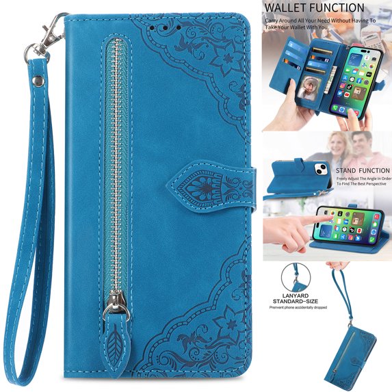Nalacover Wallet Case for iPhone 14 Plus, Embossed Pattern Design Zipper Pocket Handbag Wrist Strap Premium PU Leather Flip Cover with Card Slots Holder Magnetic Clasp Kickstand Case,Blue