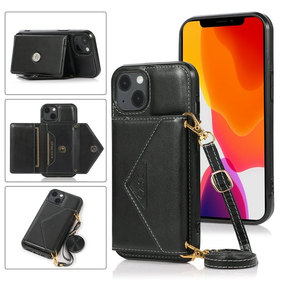 Nalacover Wallet Case for iPhone 14 Plus,Luxury PU Leather + Soft TPU Magnetic Clasp Flip Credit Card Slots Kickstand Back Cover with Detachable Crossbody Lanyard Strap.For iPhone 14 Plus,Black