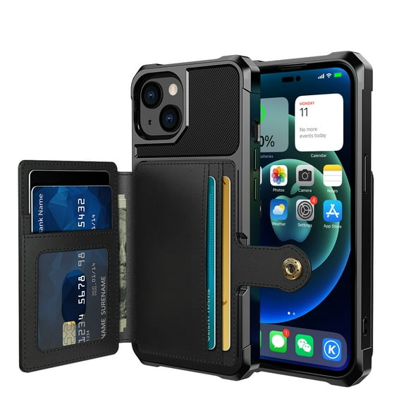 Nalacover Wallet Case for iPhone 14 Plus Multifunctional Design Back Case, Rugged PC Luxury PU Leather Magnetic Car Mount Cover with Card Slots Holder Shockproof Lens Protective Case, Black