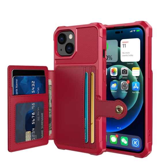 Nalacover Wallet Case for iPhone 14 Plus Multifunctional Design Back Case, Rugged PC Luxury PU Leather Magnetic Car Mount Cover with Card Slots Holder Shockproof Lens Protective Case, Red