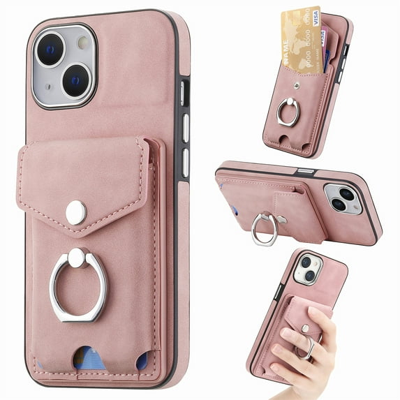 Nalacover Wallet Case for iPhone 14 Plus, Premium Leather Case with Card Holder, 360°Rotation Ring Kickstand, RFID Blocking Protective Magnetic Back Clsoure Case For iPhone 14 Plus, Pink