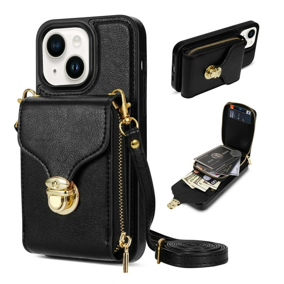 Nalacover Wallet Case for iPhone 14 Plus,with Removable Adjustable Shoulder Strap,PU Leather Back Zipper Pocket Card Holder Stand Purse Shockproof Phone Case for Women Men,Black
