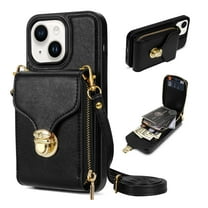 Nalacover Wallet Case for iPhone 14 Plus,with Removable Adjustable Shoulder Strap,PU Leather Back Zipper Pocket Card Holder Stand Purse Shockproof Phone Case for Women Men,Black