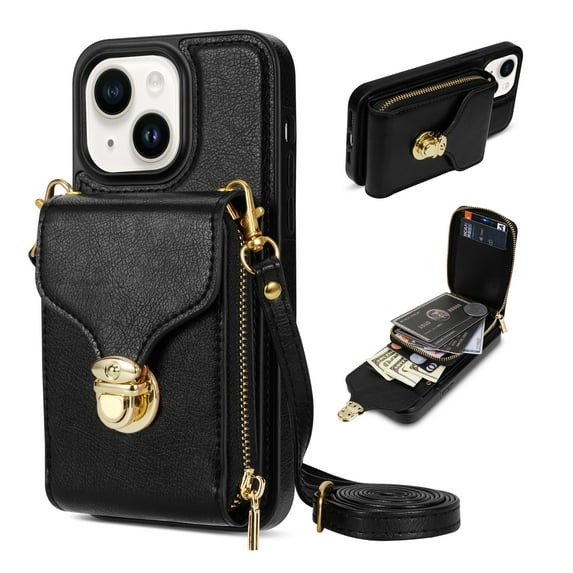Nalacover Wallet Case for iPhone 14 Plus,with Removable Adjustable Shoulder Strap,PU Leather Back Zipper Pocket Card Holder Stand Purse Shockproof Phone Case for Women Men,Black