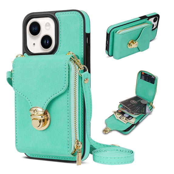 Nalacover Wallet Case for iPhone 14 Plus,with Removable Adjustable Shoulder Strap,PU Leather Back Zipper Pocket Card Holder Stand Purse Shockproof Phone Case for Women Men,Mint