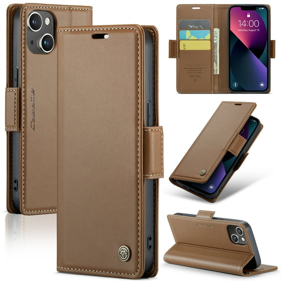 Nalacover Wallet Case for iPhone 14, Premium PU Leather RFID Blocking Magnetic Clasp Cover with Card Slots Holder Kickstand TPU Shockproof Case for iPhone 14,Brown