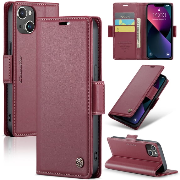Nalacover Wallet Case for iPhone 14, Premium PU Leather RFID Blocking Magnetic Clasp Cover with Card Slots Holder Kickstand TPU Shockproof Case for iPhone 14,Wine