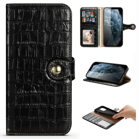 Nalacover Wallet Case for iPhone 14 Pro, Crocodile Texture Premium Luxury Genuine Leather Card Slots Holder Flip Folio Cover with Kickstand Magnetic Clasp Soft Silicone Shockproof Case,Black