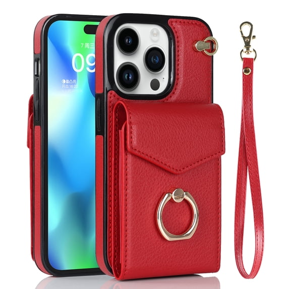 Nalacover Wallet Case for iPhone 14 Pro Max, Back Card Slots/Bag Magnetic Button Ring Holder Stand Cover with RFID Blocking Wrist Hand Strap Luxury PU Leather Anti-Shocks Protective Case, Red
