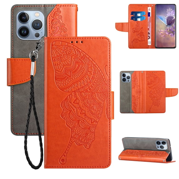 Nalacover Wallet Case for iPhone 14 Pro Max, Butterfly Embossed Pattern Luxury PU Leather Magnetic Flip Folio Cover with Card Slots Holder Kickstand Wrist Strap Soft Silicone Shockproof Case,Orange