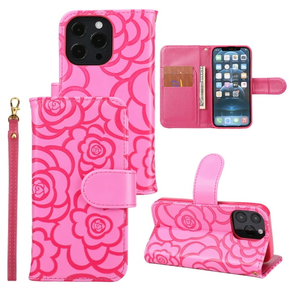 Nalacover Wallet Case for iPhone 14 Pro Max, Camellia Pattern Premium Elegant PU Leather Wrist Strap Shockproof Flip Cover with Card Slots Holder Magnetic Clasp Kickstand Bracket Folio Case, Rose