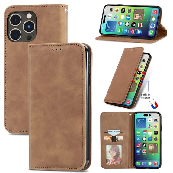 Nalacover Wallet Case for iPhone 14 Pro Max, Card Slots Holder Magnetic Closure Flip Folio Cover with Kickstand Bracket Luxury PU Leather Soft TPU Shockproof Case for iPhone 14 Pro Max,Brown