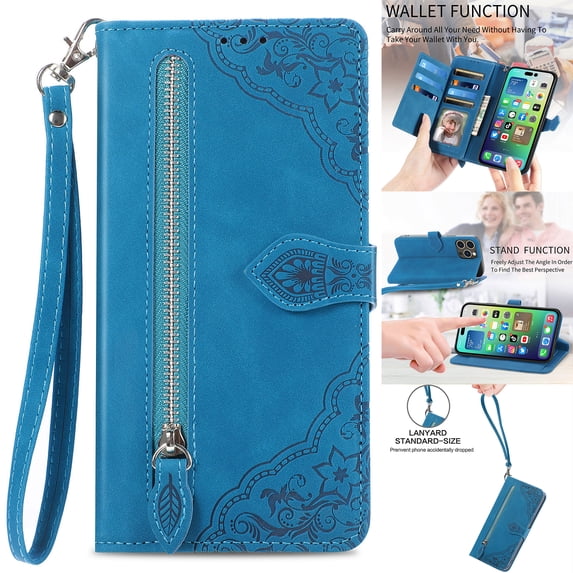 Nalacover Wallet Case for iPhone 14 Pro Max, Embossed Pattern Design Zipper Pocket Handbag Wrist Strap Premium PU Leather Flip Cover with Card Slots Holder Magnetic Clasp Kickstand Case,Blue