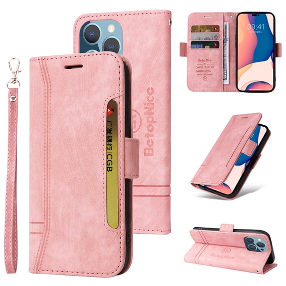 Nalacover Wallet Case for iPhone 14 Pro Max, Wrist Hand Strap Premium PU Leather TPU Shockproof Flip Cover with Kickstand Card Slots Holder Magnetic Clasp Case for iPhone 14 Pro Max,Pink