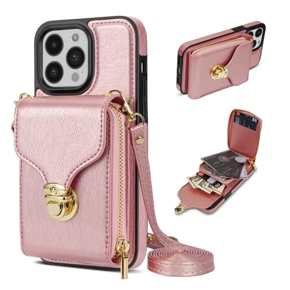 Nalacover Wallet Case for iPhone 14 Pro Max,with Removable Adjustable Shoulder Strap,PU Leather Back Zipper Pocket Card Holder Stand Purse Shockproof Phone Case for Women Men,Rosegold