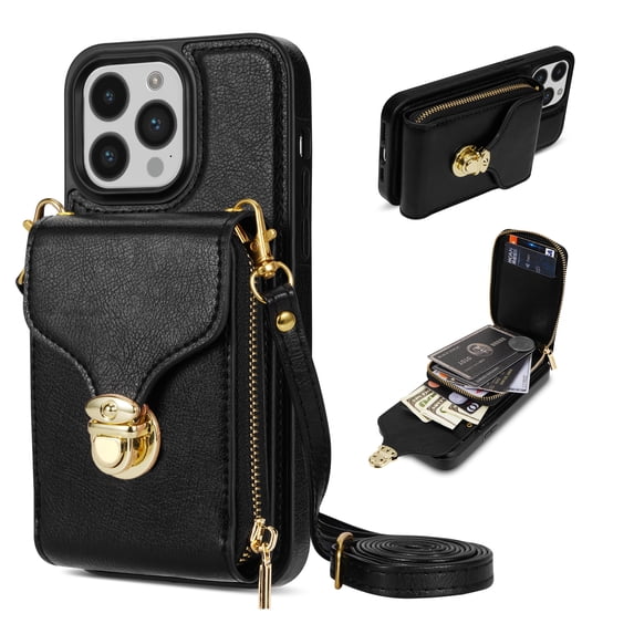Nalacover Wallet Case for iPhone 14 Pro Max,with Removable Adjustable Shoulder Strap,PU Leather Back Zipper Pocket Card Holder Stand Purse Shockproof Phone Case for Women Men,Black