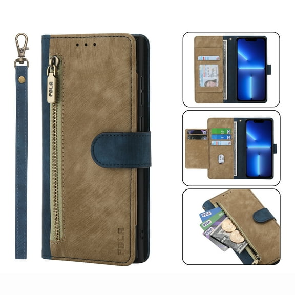 Nalacover Wallet Case for iPhone 14 Pro, [RFID Blocking] [Card Slots Holder] [Zipper Pocket] PU Leather Flip Folio Cover with Kickstand Magnetic Clasp Wrist Strap Case Men Women,Blue