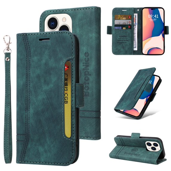 Nalacover Wallet Case for iPhone 14 Pro, Wrist Hand Strap Premium PU Leather TPU Shockproof Flip Cover with Kickstand Card Slots Holder Magnetic Clasp Case for iPhone 14 Pro, Green