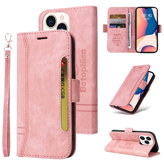 Nalacover Wallet Case for iPhone 14 Pro, Wrist Hand Strap Premium PU Leather TPU Shockproof Flip Cover with Kickstand Card Slots Holder Magnetic Clasp Case for iPhone 14 Pro, Pink