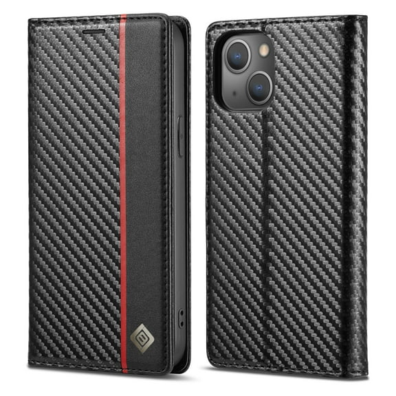 Nalacover Wallet Case for iPhone 15, Carbon Fiber Premium PU Leather Magnetic Shockproof Flip Cover with Kickstand Credit Card Slots Holder Folio Case, Black Vertical Line