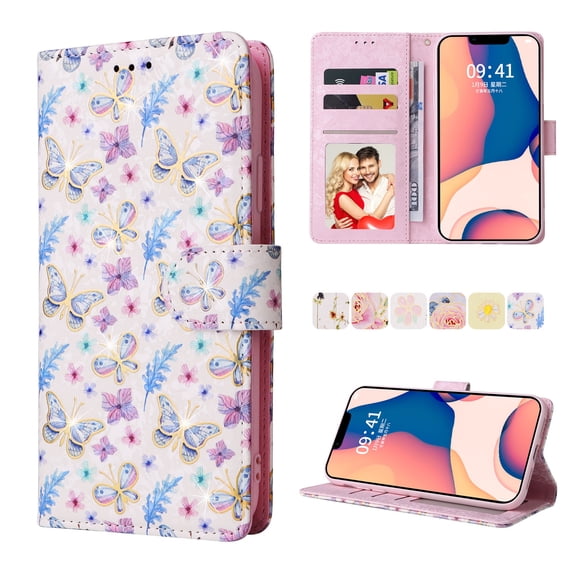 Nalacover Wallet Case for iPhone 15 Case with Wrist Strap Card Slots Holder, Bling Flower Pattern PU Leather + TPU Full Body Shockproof Kickstand Magnetic Clasp Case, Buttercup