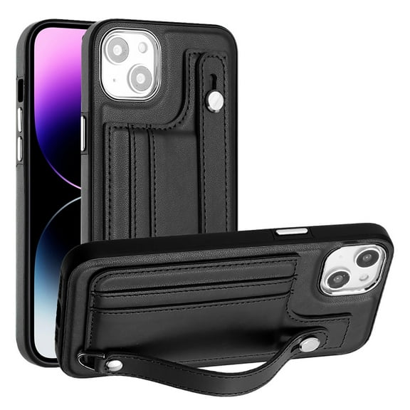 Nalacover Wallet Case for iPhone 15 Plus, Business PU Leather Unique Design Wristband Kickstand Credit Card Holder Slots Shockproof Scratch Resistant Phone Case for iPhone 15 Plus,Black