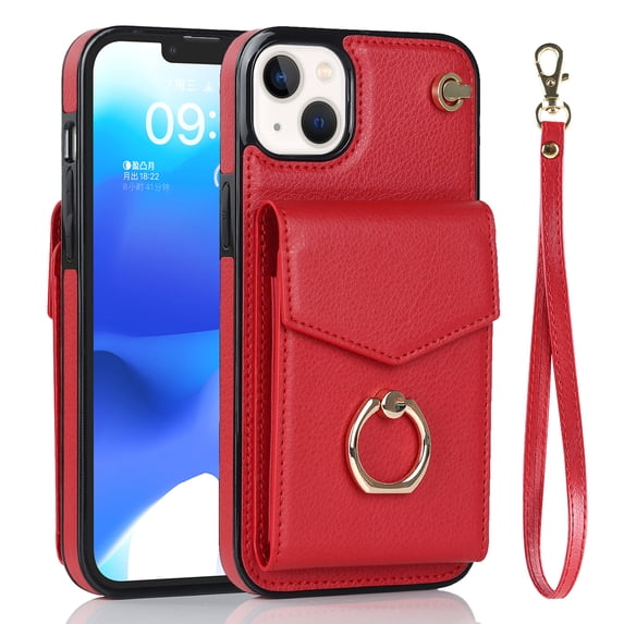 Nalacover Wallet Case for iPhone 15 Plus with Card Slots, Ring Holder for iPhone 15 Plus Stand Case, Luxury PU Leather RFID Blocking with Wrist Hand Strap Shockproof Protective Cover, Red