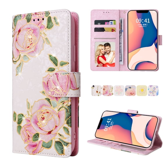 Nalacover Wallet Case for iPhone 15 Plus Case with Wrist Strap Card Slots Holder, Bling Flower Pattern PU Leather + TPU Full Body Shockproof Kickstand Magnetic Clasp Case, Rosebud