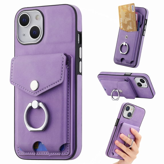 Nalacover Wallet Case for iPhone 15 Plus, Premium Leather Case with Card Holder, 360°Rotation Ring Kickstand, RFID Blocking Protective Magnetic Back Clsoure Case For iPhone 15 Plus, Purple