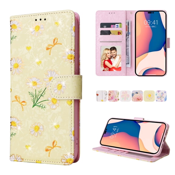 Nalacover Wallet Case for iPhone 15 Pro Case with Wrist Strap Card Slots Holder, Bling Flower Pattern PU Leather + TPU Full Body Shockproof Kickstand Magnetic Clasp Case, Daisy