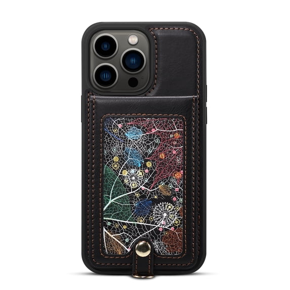 Nalacover Wallet Case for iPhone 15 Pro, Exquisite Leaf Pattern Card Slots Holder Wrist Hand Strap Premium PU Leather Flip Cover with Kickstand Magnetic Clasp Protective Case, Black