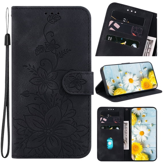 Nalacover Wallet Case for iPhone 15 Pro Max with Credit Card Holder, Flower Pattern PU Leather Flip Kickstand Case for Women Girls with Hand Strap, Shockproof Magnetic Clasp Purse Cover, Black