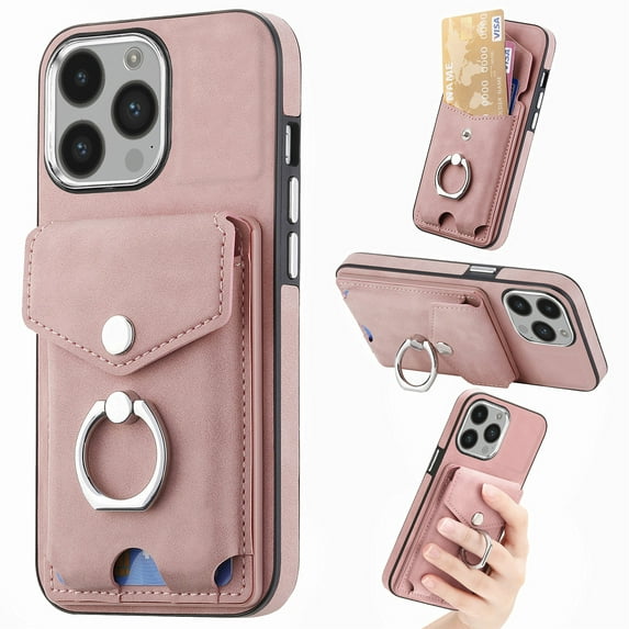 Nalacover Wallet Case for iPhone 15 Pro Max, Premium Leather Case with Card Holder, 360°Rotation Ring Kickstand, RFID Blocking Protective Magnetic Back Clsoure Case For iPhone 15 Pro Max, Pink
