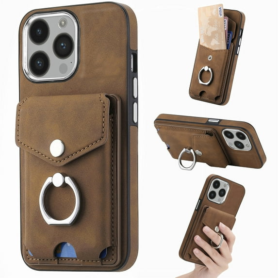 Nalacover Wallet Case for iPhone 15 Pro Max, Premium Leather Case with Card Holder, 360°Rotation Ring Kickstand, RFID Blocking Protective Magnetic Back Clsoure Case For iPhone 15 Pro Max, Brown