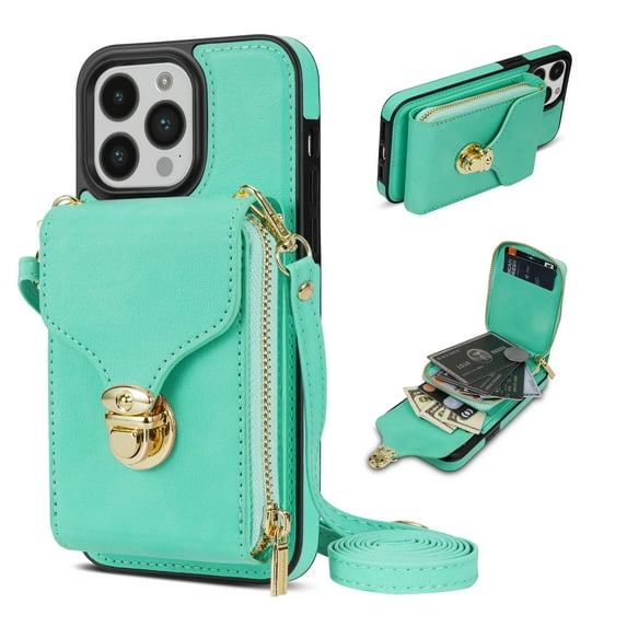 Nalacover Wallet Case for iPhone 15 Pro Max,with Removable Adjustable Shoulder Strap,PU Leather Back Zipper Pocket Card Holder Stand Purse Shockproof Phone Case for Women Men,Mint