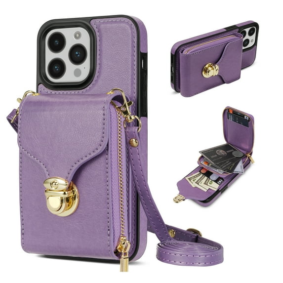 Nalacover Wallet Case for iPhone 15 Pro,with Removable Adjustable Shoulder Strap,PU Leather Back Zipper Pocket Card Holder Stand Purse Shockproof Phone Case for Women Men,Purple