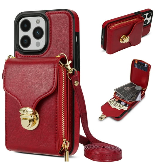 Nalacover Wallet Case for iPhone 15 Pro,with Removable Adjustable Shoulder Strap,PU Leather Back Zipper Pocket Card Holder Stand Purse Shockproof Phone Case for Women Men,Red