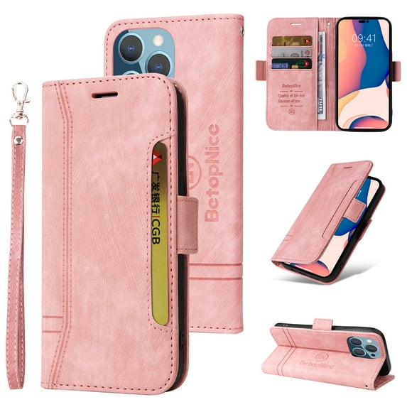 Nalacover Wallet Case for iPhone 16 Pro 6.3 inch Case with Wrist Hand Strap, Premium PU Leather Shockproof Flip Kickstand Cover with Card Slots Holder Purse Case for iPhone 16 Pro, Pink