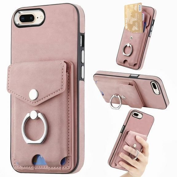 Nalacover Wallet Case for iPhone 7 / 8 / SE 2020 / SE 2022, Premium Leather Case with Card Holder, 360°Rotation Ring Kickstand, RFID Blocking Protective Magnetic Back Clsoure Case, Pink