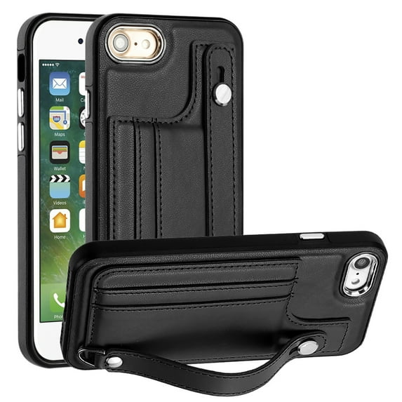 Nalacover Wallet Case for iPhone 7/iPhone 8/iPhone SE 2020/iPhone SE 2022, Business PU Leather Unique Design Wristband Kickstand Credit Card Holder Slots Shockproof Scratch Resistant Phone Case,Black