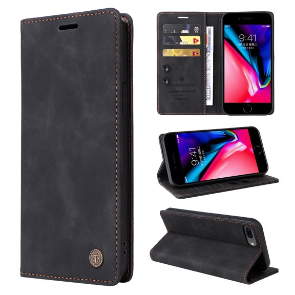 Nalacover Wallet Case for iPhone 8 Plus / iPhone 7 Plus - Flip Purse Case with Card Holder Kickstand Suction Cup, Premium Business PU Leather Shockproof Phone Cover - Black