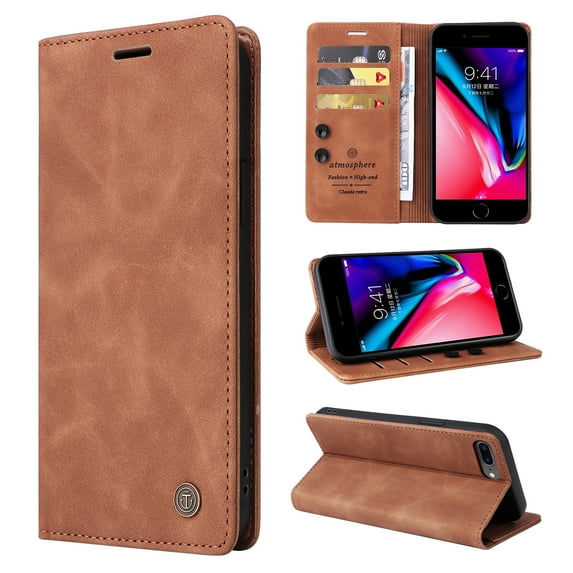 Nalacover Wallet Case for iPhone 8 Plus / iPhone 7 Plus - Flip Purse Case with Card Holder Kickstand Suction Cup, Premium Business PU Leather Shockproof Phone Cover - Brown