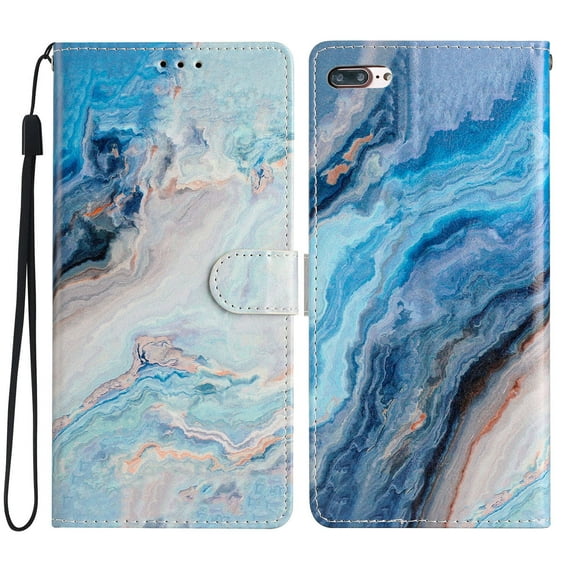 Nalacover Wallet Case for iPhone 8 Plus / iPhone 7 Plus with Painting Pattern PU Leather Magnetic Kickstand Flip Folio Cover, Card Slots Holder Soft Silicone Shockproof Protective Case, Blue Marble