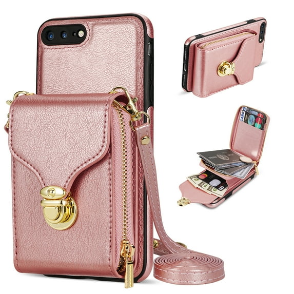 Nalacover Wallet Case for iPhone 8 Plus/iPhone 7 Plus,with Removable Adjustable Shoulder Strap,PU Leather Back Zipper Pocket Card Holder Stand Purse Shockproof Phone Case for Women Men,Rosegold