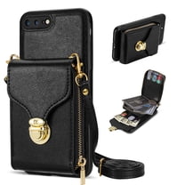 Nalacover Wallet Case for iPhone 8 Plus/iPhone 7 Plus,with Removable Adjustable Shoulder Strap,PU Leather Back Zipper Pocket Card Holder Stand Purse Shockproof Phone Case for Women Men,Black