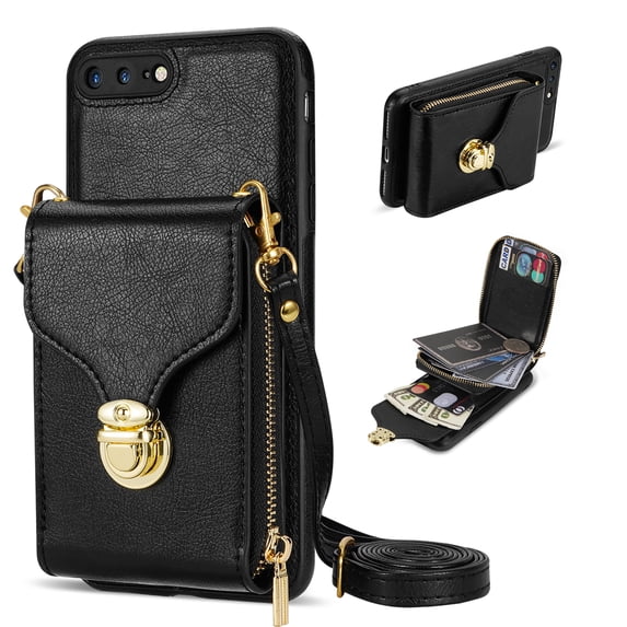 Nalacover Wallet Case for iPhone 8 Plus/iPhone 7 Plus,with Removable Adjustable Shoulder Strap,PU Leather Back Zipper Pocket Card Holder Stand Purse Shockproof Phone Case for Women Men,Black