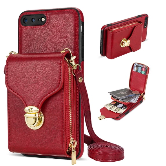 Nalacover Wallet Case for iPhone 8 Plus/iPhone 7 Plus,with Removable Adjustable Shoulder Strap,PU Leather Back Zipper Pocket Card Holder Stand Purse Shockproof Phone Case for Women Men,Red